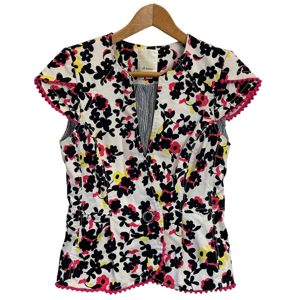 Anthropologie Elevenses Women’s Vest Jacket Sz 4 Lined Cotton Floral Black Pink